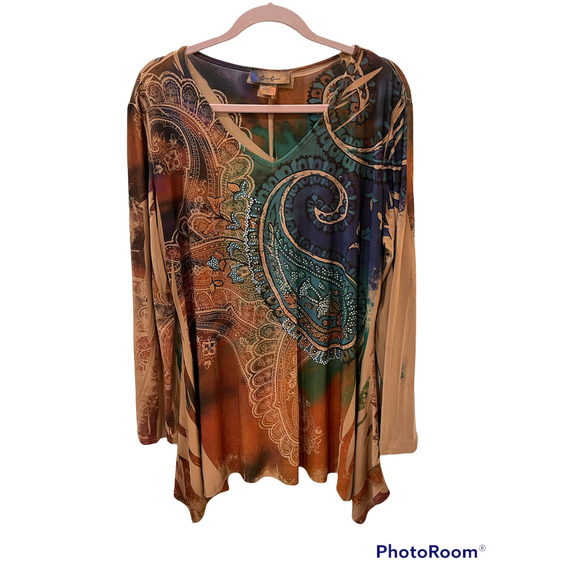 Tops - Cover Charge Blouse Brown/Green Rhinestones Long Sleeves 1X